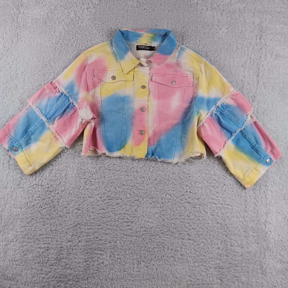 Thrill Jeans Womens 2X Tie Dye Cropped Denim Jacket Ruffle Sleeve Frayed Hem